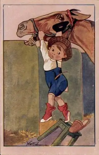 Künstler Ak Kleiner Jockey, Pferd scheut