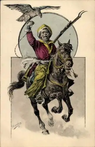Künstler Ak K., F., Soldat zu Pferd, Reiter, Falke