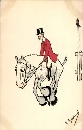 Künstler Ak Jockey auf Pferde, Springreiten