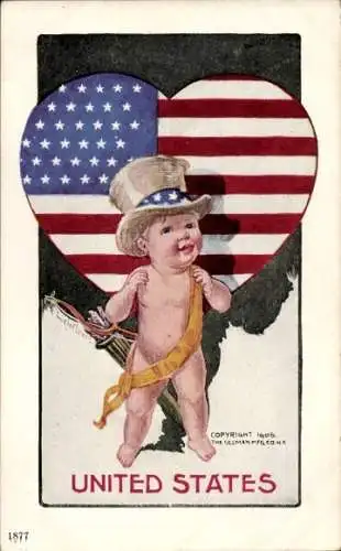 Künstler Ak United States, Flagge, Herz, Amor mit Hut, Bogen und Pfeilen