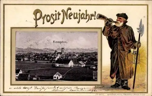 Präge Passepartout Ak Kempten im Allgäu Schwaben, Prosit Neujahr, Panorama vom Ort, Wächter