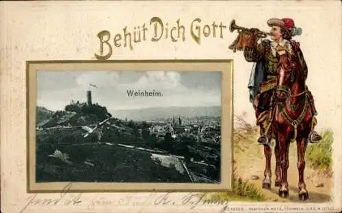 Präge Passepartout Ak Weinheim an der Bergstraße Panorama, Behüt dich Gott, Trompeter von Säckingen