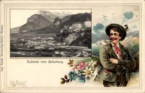 Präge Passepartout Ak Kufstein in Tirol, Gesamtansicht, Zellerberg, Mann in Tracht