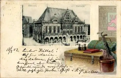 Präge Passepartout Ak Hansestadt Bremen, Rathaus, Fernglas, Landkarte, Kiste