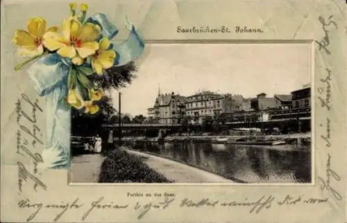 Passepartout Ak St. Johann Saarbrücken im Saarland, Parthie an der Saar