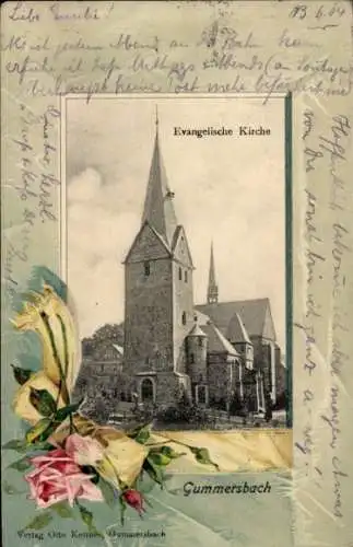 Präge Passepartout Ak Gummersbach im Oberbergischen Kreis, Evangelische Kirche, Blumen