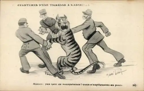 Ak Marseille Bouches du Rhône, Eine Tigerin wird von drei Polizisten abgeführt.
