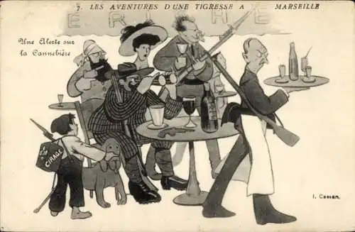 Ak Marseille Bouches du Rhône, Szene in einem Cafe, Kellner, Gaeste, Hund
