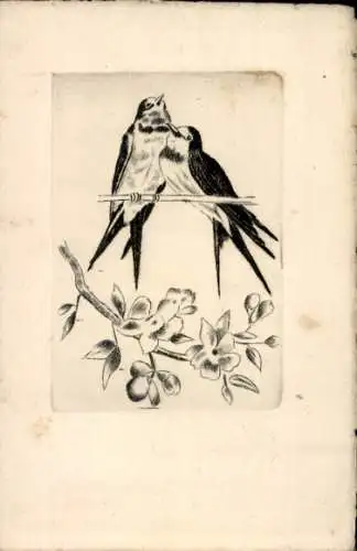 Ak Zwei Schwalben sitzen auf einem Zweig