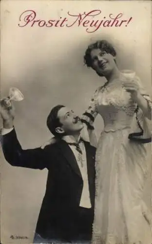 Ak Glückwunsch Neujahr, Paar, Sektglas, Weinglas