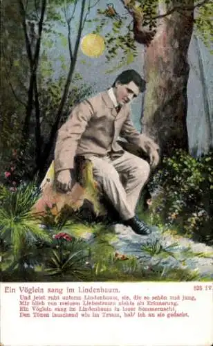 Ak Ein Vöglein sang im Lindenbaum, Mann sitzt unter einem Baum