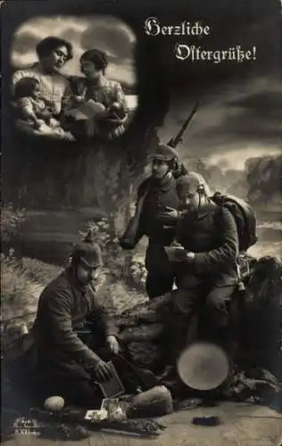 Ak Glückwunsch Ostern, Soldaten lesen Briefe, Familie, Sehnsucht