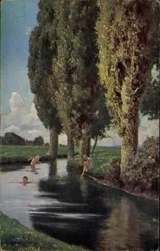 Ak Kinder baden im Fluss, Bäume