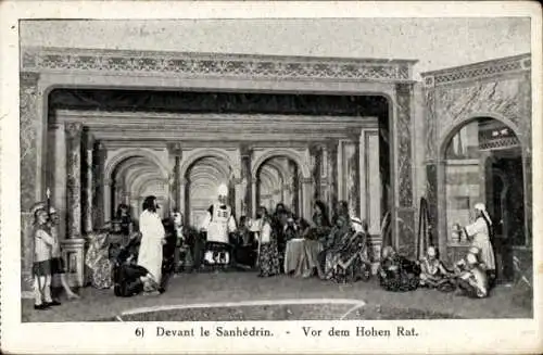 Ak Jerusalem Israel, Darstellung einer Szene aus einem Theaterstück. Vor dem Hohen Rat stehen ...