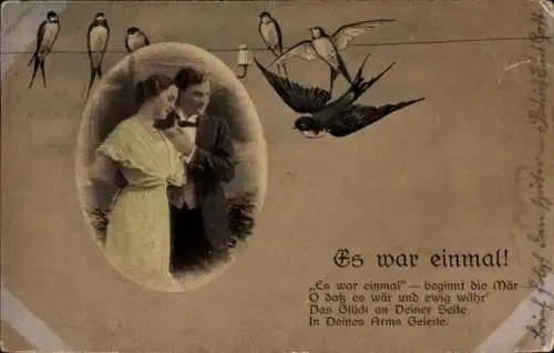Ak Es war einmal, Liebespaar, Schwalben