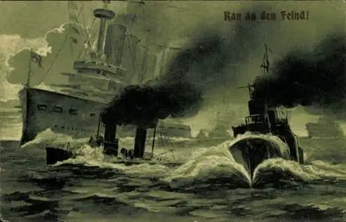 Künstler Ak Deutsches Kriegsschiff, Dampfer, Ran an den Feind