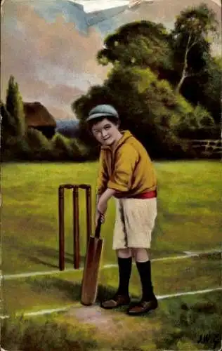 Künstler Ak Cricket Spiel, junger Spieler