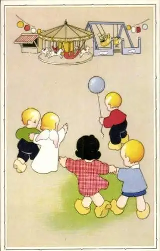 Künstler Ak Kinder mit Engel, Karussell, Schaukel