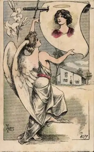 Künstler Ak Engel mit Schwert und Lilien, Haus