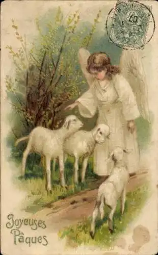 Präge Ak Glückwunsch Ostern, Engel, Lämmer