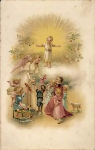 Ak Frohe Weihnachten, Engel, Kinder, Geschenke