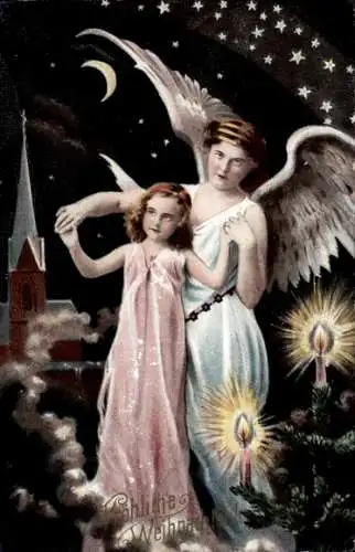Ak Frohe Weihnachten, Mädchen, Engel, Mondsichel