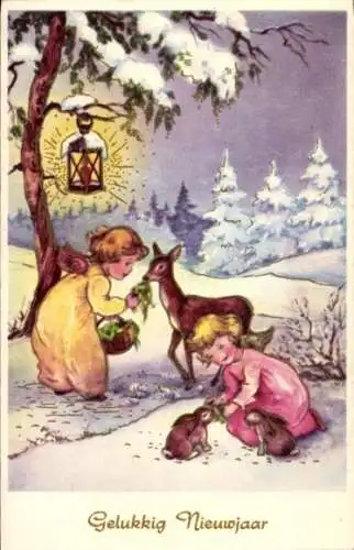 Ak Glückwunsch Neujahr, Engel, Reh, Hase