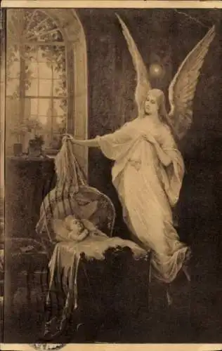 Ak Kleines Kind in der Wiege, Schutzengel