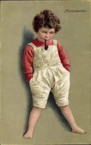 Ak Frechdachs, gemaltes Porträt eines rauchenden Jungen, Pfeife