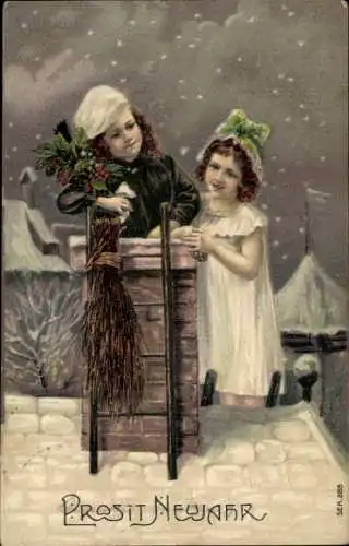 Präge Ak Glückwunsch Neujahr, Kinder, Schornsteinfeger, Dach