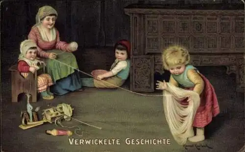 Künstler Ak Verwickelte Geschichte, Kinder, Wollknäuel, Spielzeuge