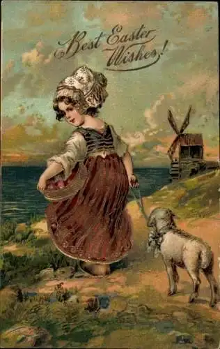 Präge Ak Glückwunsch Ostern, Mädchen in Tracht, Lamm, Windmühle