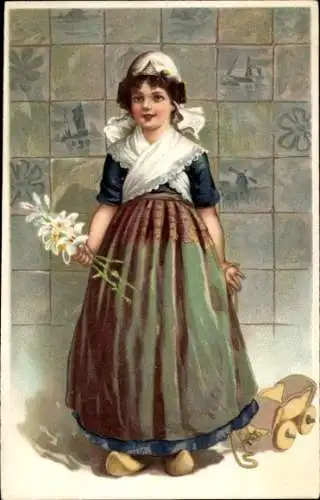 Ak Mädchen in niederländischer Tracht, gemaltes Porträt, Blumen