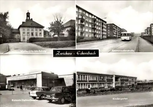 Ak Zwickau in Sachsen, Mehrere Gebäude in Zwickau sind zu sehen. Darunter die Walter-Ulbricht-...