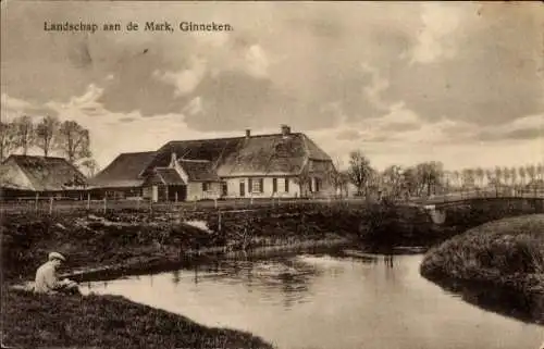 Ak Ginneken Breda Nordbrabant Niederlande, Ein Haus mit einem Strohdach steht an einem Fluss. ...