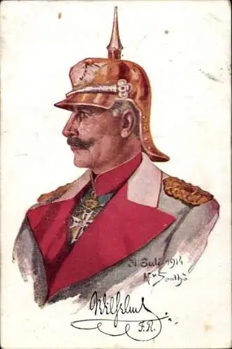 Künstler Ak Kaiser Wilhelm II., Gemaltes Porträt in Uniform, Pickelhaube