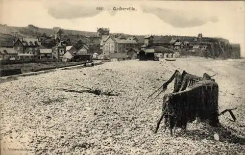 Ak Quiberville Seine-Maritime, Küstenansicht, Häuser am Strand, Steine, Boote, Strandzelt