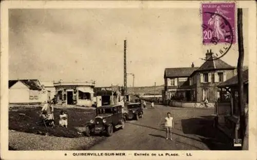Ak Quiberville sur Mer Seine-Maritime, Eingang zum Strand, Autos