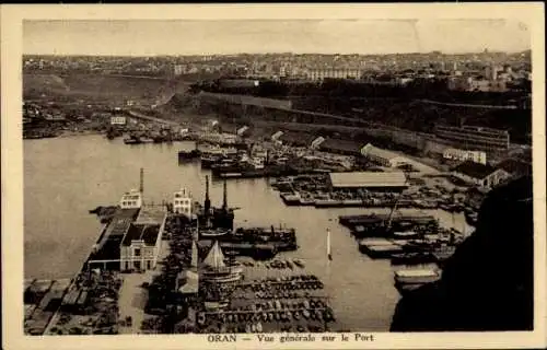 Ak Oran Algerien, Schwarze und weiße Photographie, Hafen, Schiffe, Stadtansicht