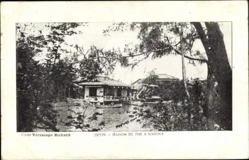 Ak Nagoya Präfektur Aichi Japan, Schwarzweißbild, japanisches Teehaus, Wasser, Bäume