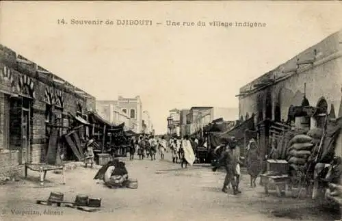 Ak Djibouti Dschibuti, Straße des indigenen Dorfes, Menschen und Waren, kolonialer Stil