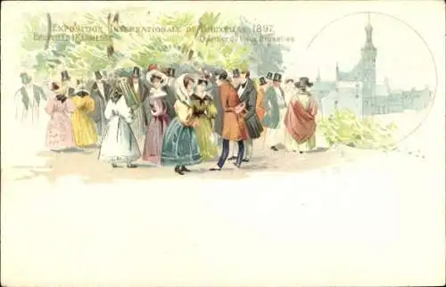 Ak Bruxelles Brüssel, Internationale Ausstellung, 1897, historische Kleidung, Stadtansicht