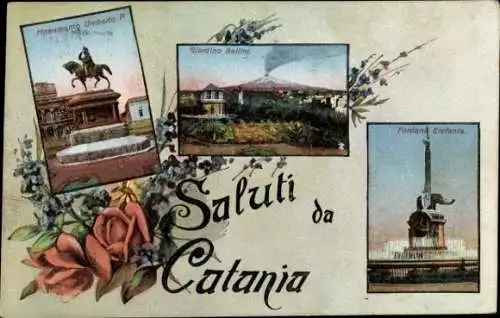 Ak Catania Sicilia, Drei Ansichten, Monumento Umberto I, Glardino Bellini, Fontana Elefante