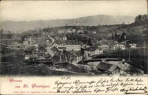 Ak Oberkirnach St. Georgen im Schwarzwald, Schwarzweißansicht, Häuser, Landschaft, Berge, Gruß...