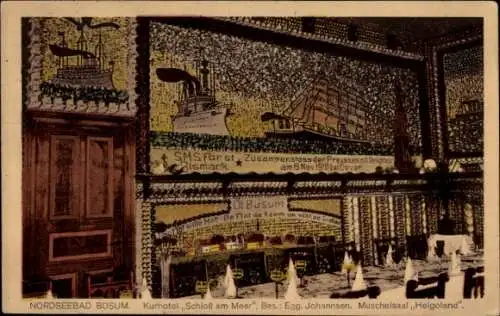 Ak Nordseebad Büsum, Kurhotel Schloss am Meer, Muschelsaal, Schiffe,  Szenerie