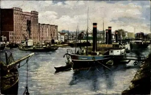 Ak Mannheim in Baden, Hafen, Dampfschiffe, Stadtansicht, alte Gebäude