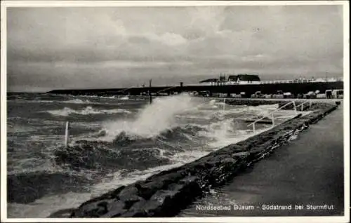Ak Nordseebad Büsum, Nordseebad  Südstrand, Sturmflut, hohe Wellen, Hafen