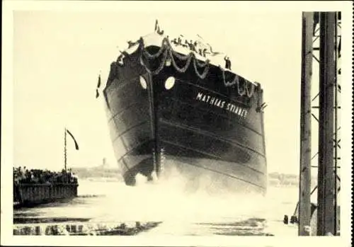 Ak MS Mathias Stinnes, Stapellauf in Flensburg