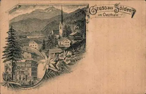 Litho Sölden in Tirol, Gesamtansicht, Gasthof zum Alpenverein, Edelweiß