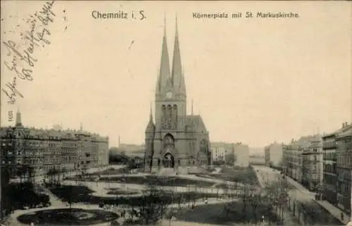 Ak Chemnitz in Sachsen, Körnerplatz, St. Markuskirche,  Architektur
